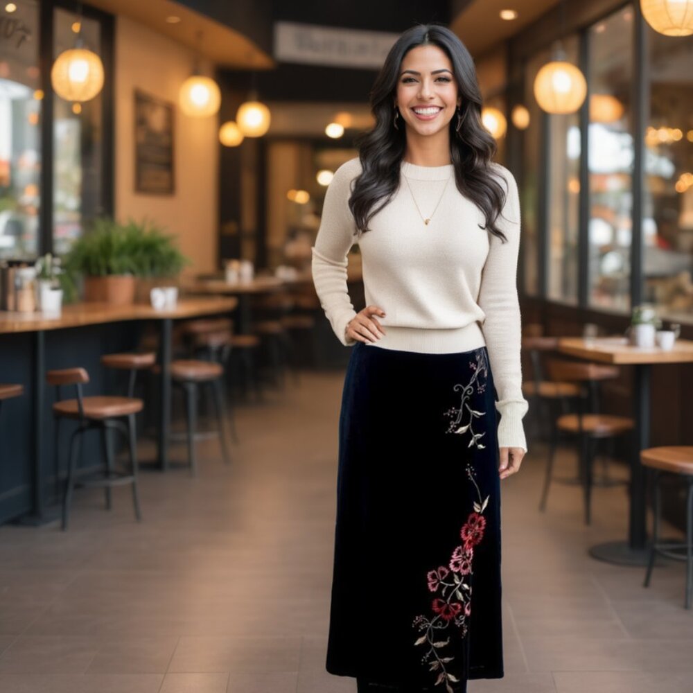 Loft Wool Blend A Line Skirt With Embroidered Floral Detail
